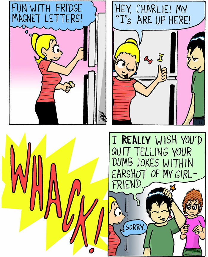 Comic strip featuring fridge magnet letters and a playful interaction, showcasing soft and chaotic comics by Candace n Company.