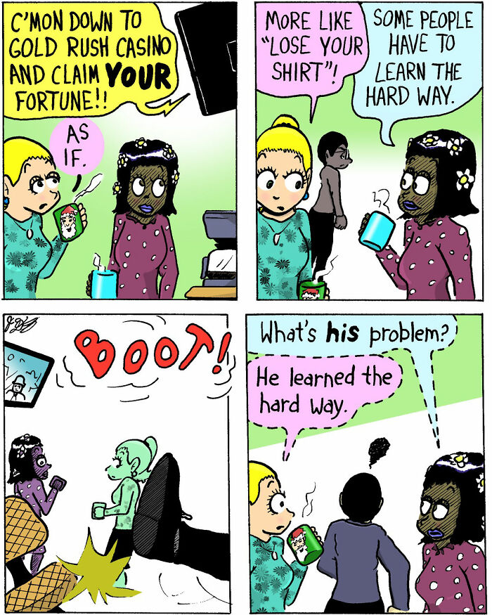 Comic panel from Candace n Company showing characters discussing losing money at a casino in a soft and chaotic style.