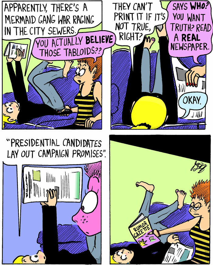 Comic strip showing chaotic dialogue about mermaid gang wars and political promises, featuring soft and chaotic comics style.