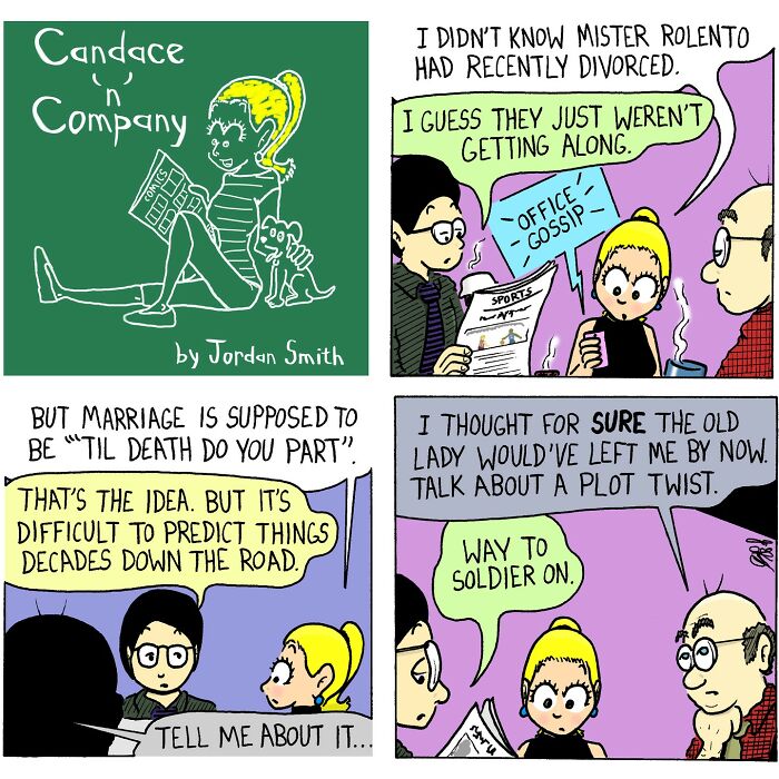 Soft and chaotic comics by Candace n Company show humorous office gossip and marriage talk in a colorful comic strip style.