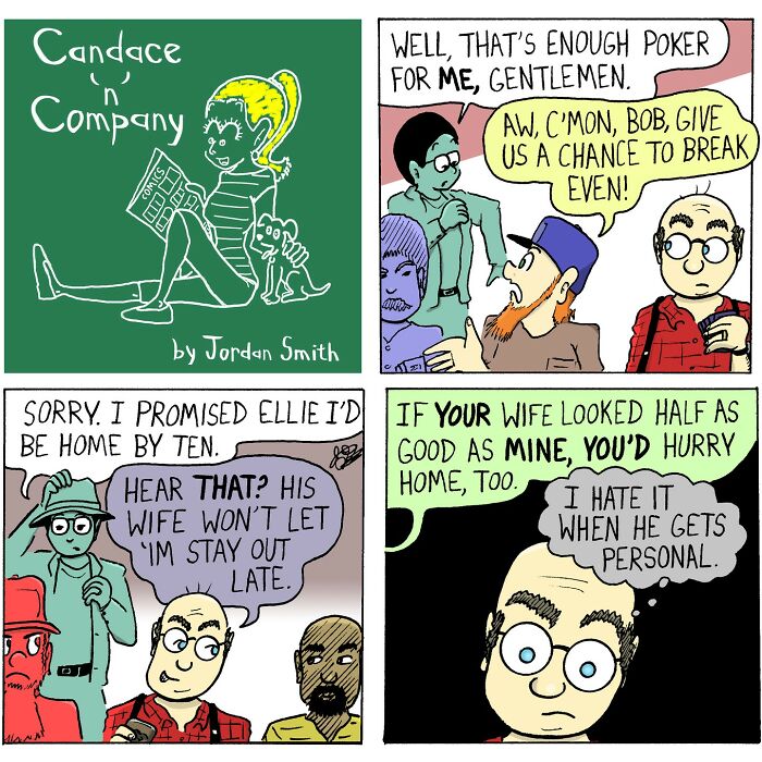 Four-panel chaotic comics by Candace n Company featuring humorous poker and relationship dialogue among diverse characters.
