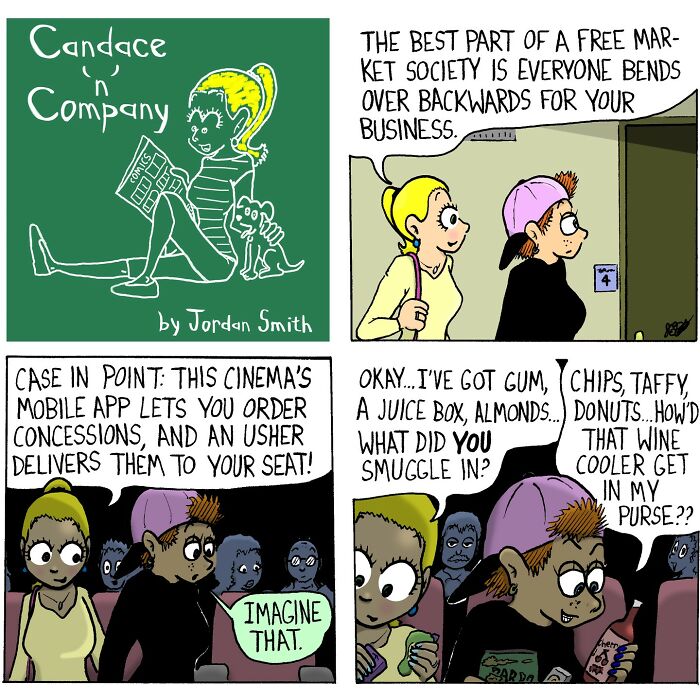 Soft and chaotic comics by Candace n Company showing humor about cinema snacks and a mobile app ordering system.