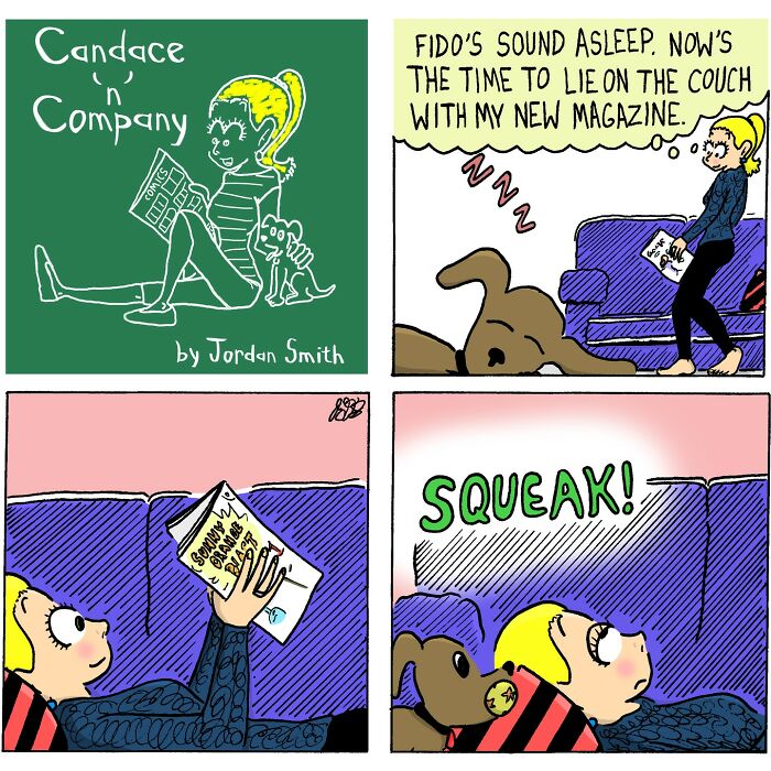Soft and chaotic comics by Candace n Company show a girl relaxing with her dog and reading a magazine on a couch.