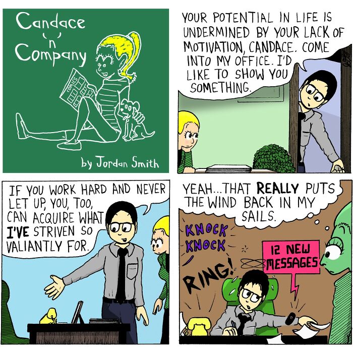 Soft and chaotic comic strip by Candace 'n' Company showing office scenes with motivational and humorous dialogue.
