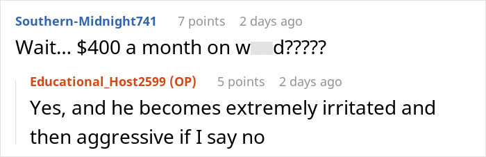 Online conversation showing frustration over a jobless partner&rsquo;s spending habits and resulting toxic home environment.