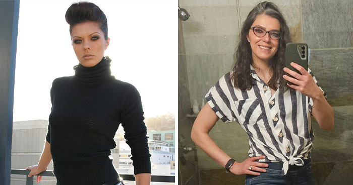 Split image showing original America's Next Top Model winner posing in black turtleneck and later taking a selfie selling Avon in Montana. Split image showing original America's Next Top Model winner posing in black turtleneck and later taking a selfie selling Avon in Montana.