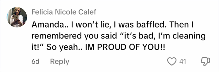 Screenshot of a social media comment expressing pride in a woman cleaning out a filthy car amid internet reactions.