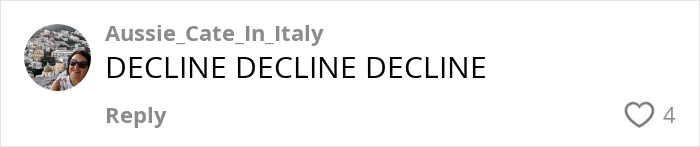 Social media comment from Aussie_Cate_In_Italy expressing strong refusal amid internet debates on paying for hen parties.