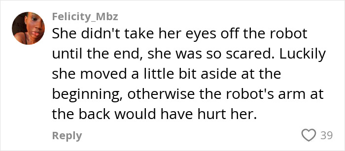 Social media comment describing a dangerous malfunction at Beyoncé's show where a robot's arm almost hurt her. Social media comment describing a dangerous malfunction at Beyoncé's show where a robot's arm almost hurt her.