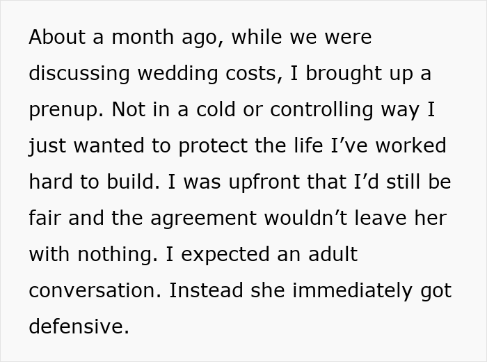Text excerpt about a bride-to-be shutting down a prenup after secret credit card debt is revealed during wedding talks.
