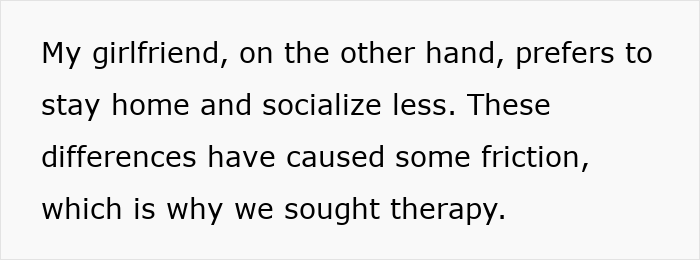Text excerpt about a couple experiencing relationship struggles and seeking therapy to address their differences and friction.