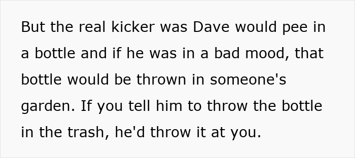 Text passage about Dave, a mailman who would pee in a bottle and sometimes throw it in people&rsquo;s gardens in bad moods.