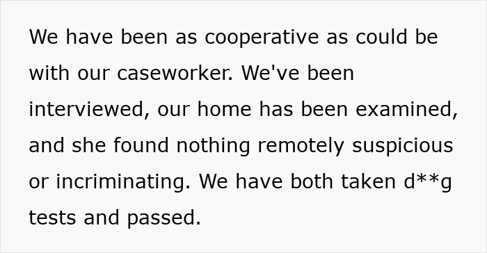 Text on screen stating concerns about cooperation with a caseworker amid fears of not taking baby home after delivery.