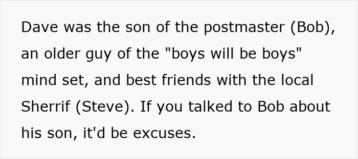 Text excerpt describing Dave, son of the postmaster, with a rebellious mindset and ties to the local sheriff.