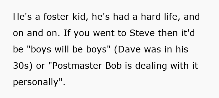 Text about a foster kid facing hardship related to a mailman dumping bottles of pee in people's gardens.