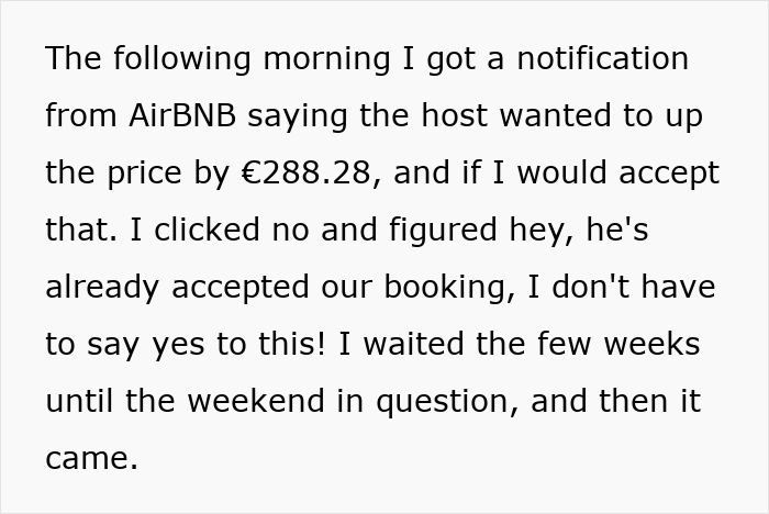 Text describing a petty revenge story after an Airbnb host tries to increase the price last minute by &euro;288.28.