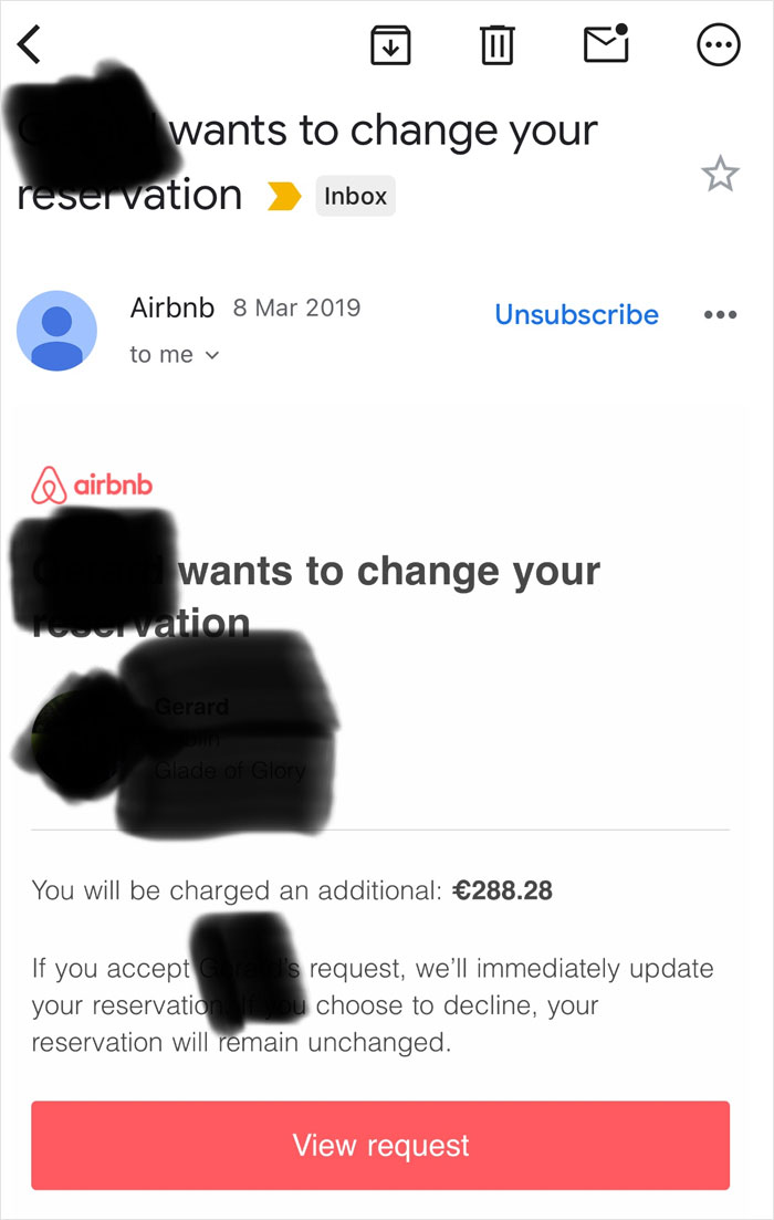 Email screenshot showing an Airbnb host&rsquo;s last-minute reservation change request with a price increase of &euro;288.28.