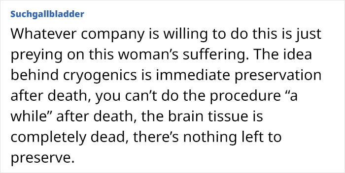 Comment text discussing cryogenics and preservation after death, related to freezing body efforts. Comment text discussing cryogenics and preservation after death, related to freezing body efforts.