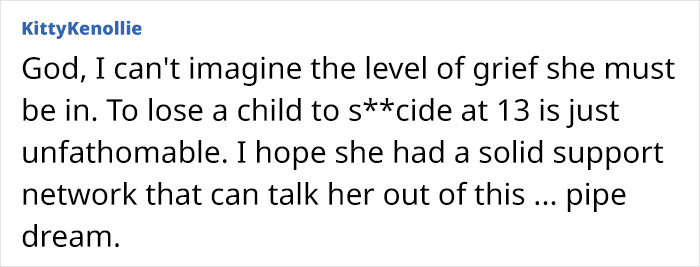 Alt text: Online comment expressing grief over 13-year-old son's suicide and mom's effort to raise funds to freeze his body. Alt text: Online comment expressing grief over 13-year-old son's suicide and mom's effort to raise funds to freeze his body.