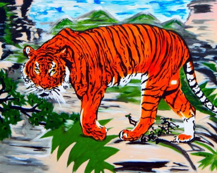 Bright orange tiger painting with bold black stripes in a vibrant nature scene, linked to Adrien Brody art piece Cannes reaction Bright orange tiger painting with bold black stripes in a vibrant nature scene, linked to Adrien Brody art piece Cannes reaction