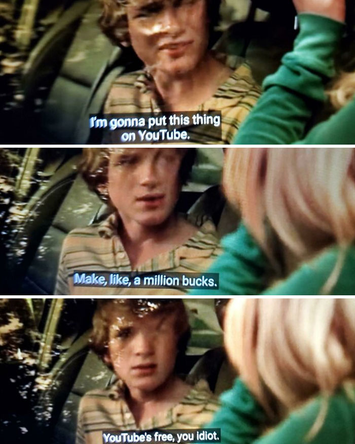 Young man wearing striped shirt in a vintage car with subtitles about YouTube and making money, showing aged humor.