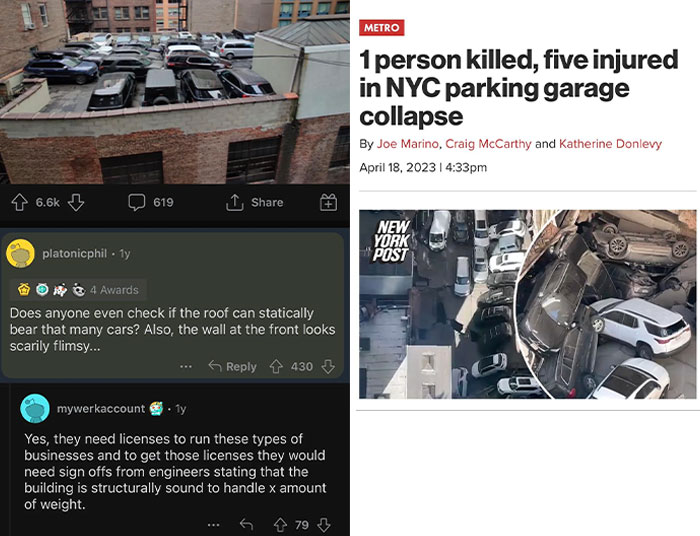 NYC parking garage collapse showing damaged cars and structural failure from aged construction flaws and poor maintenance.