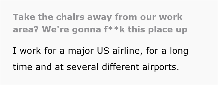 Airport employees protesting and uniting after their manager removes chairs from the work area at the airport.