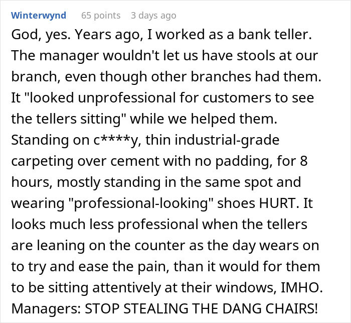 Comment about airport employees uniting against manager who removed their chairs, highlighting workplace discomfort and protest.