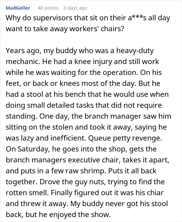 Comment describing airport employees uniting after manager takes away their chairs in a workplace setting.