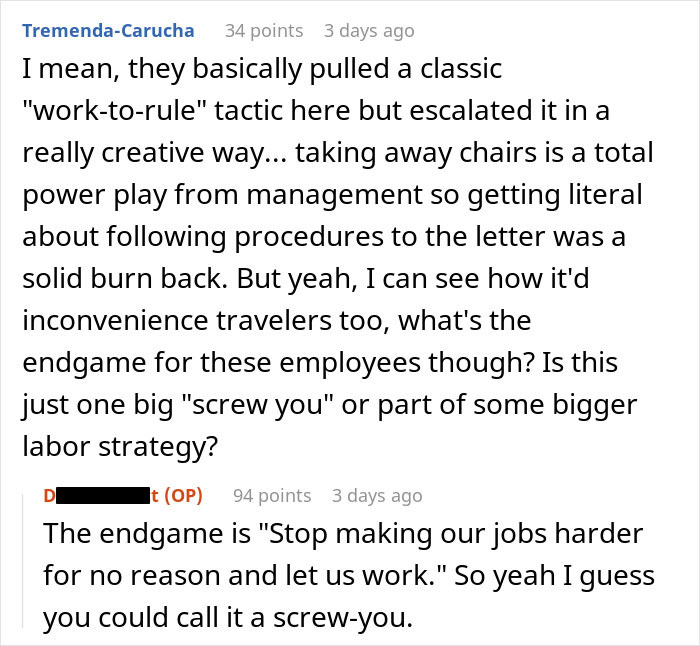 Screenshot of a Reddit conversation about airport employees uniting against a manager who took away their chairs.