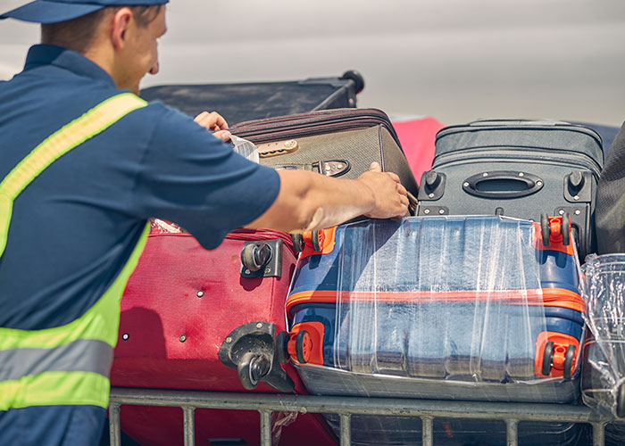Airport employee sorting luggage at baggage claim, representing airport employees uniting after manager removes chairs