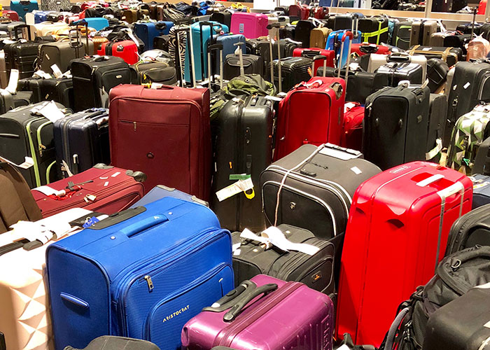 Large collection of suitcases at an airport terminal symbolizing airport employees uniting against manager decisions.