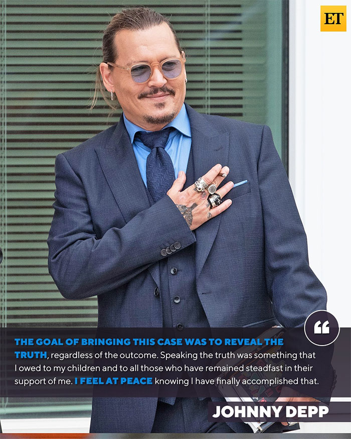 Johnny Depp in a dark suit and glasses, sharing a statement on truth and peace amid Amber Heard&rsquo;s net worth timeline context.