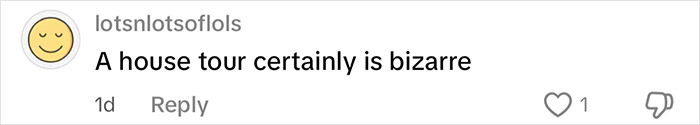 Comment on social media from user lotsnlotsoflols stating a house tour is bizarre, reflecting cultural differences in American woman staying UK habits.