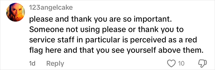 Comment from American woman in UK discussing how British find usual US habits rude, emphasizing importance of please and thank you.