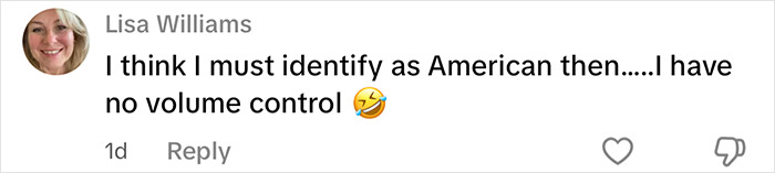 Screenshot of a social media comment from an American woman staying in the UK discussing British views on US habits.