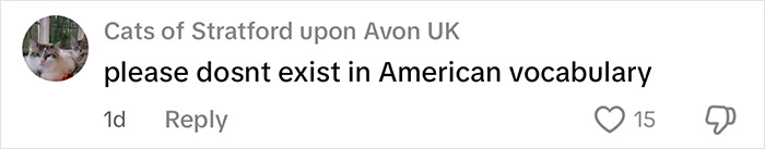 Comment on social media saying dont exist in American vocabulary, referring to American woman staying in UK habits seen as rude.