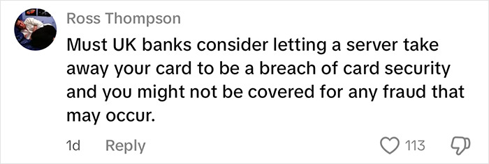 Comment by Ross Thompson discussing UK banks and card security concerns regarding servers handling payment cards.