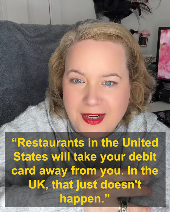 American woman in UK explaining how British find her usual US habits rude in a casual indoor setting.
