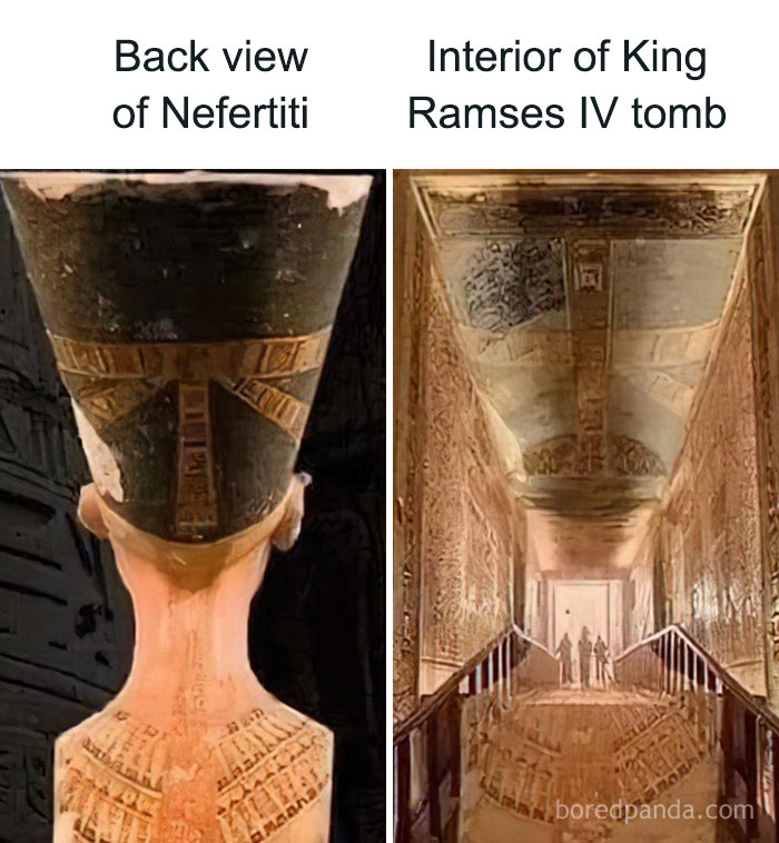 Back view of ancient Nefertiti bust and interior hallway of King Ramses IV tomb showcasing ancient history details.