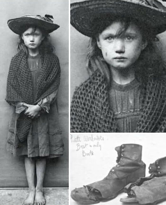 Black and white photos showing a barefoot girl in vintage clothing and worn-out boots, related to ancient history posts.