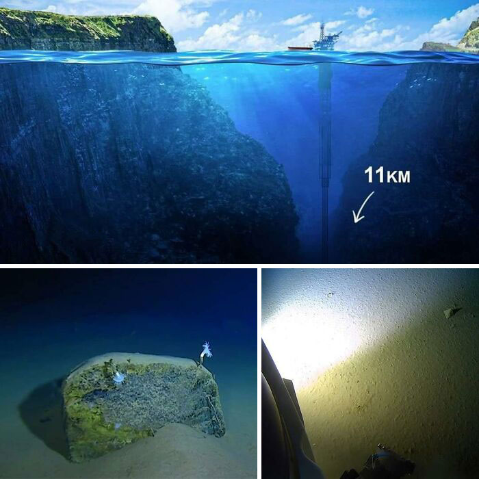 Underwater deep sea exploration showing ocean depth and ancient submerged artifacts on the ocean floor.