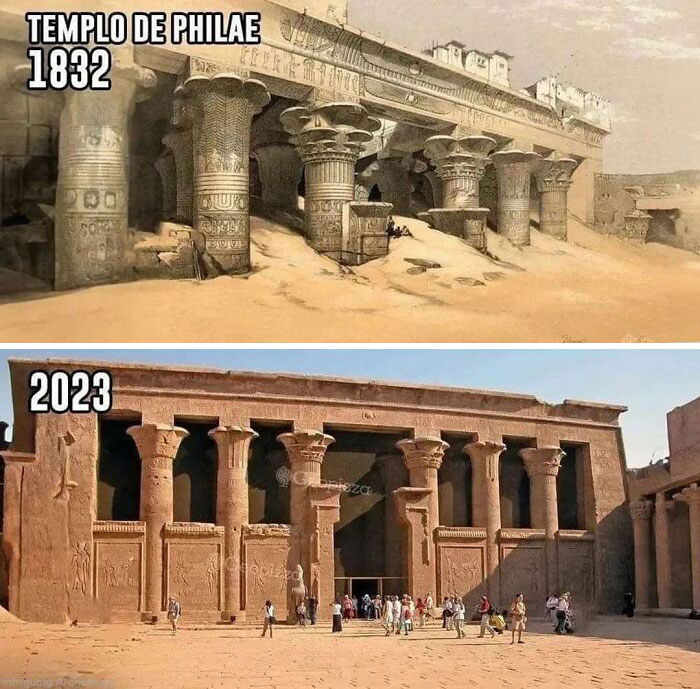 Philae Temple ancient history comparing 1832 drawing and 2023 photo showing preservation and restoration progress.
