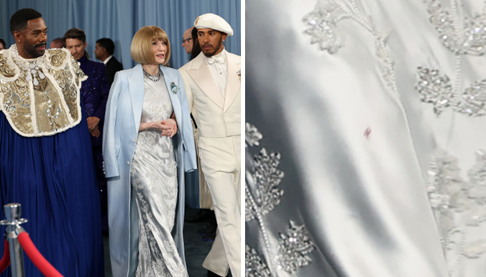 Anna Wintour at Met Gala event wearing a silver dress with an apparent stain, sparking wild gossip about a dress mishap. Anna Wintour at Met Gala event wearing a silver dress with an apparent stain, sparking wild gossip about a dress mishap.