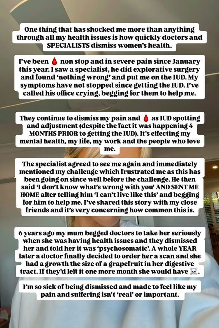Patient shares how doctors ignored her health problems causing severe pain and suffering after IUD insertion and dismissing women's health. Patient shares how doctors ignored her health problems causing severe pain and suffering after IUD insertion and dismissing women's health.
