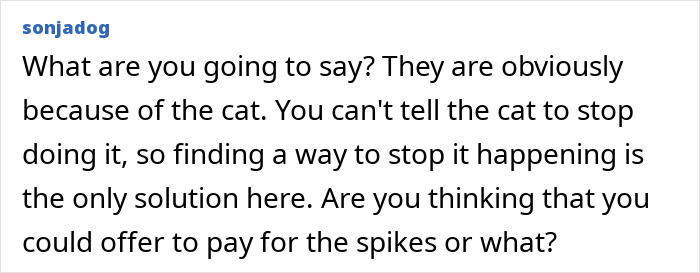 Comment discussing a couple mad neighbor who put spikes on fence after their outdoor cat, sparking huge online debate. Comment discussing a couple mad neighbor who put spikes on fence after their outdoor cat, sparking huge online debate.