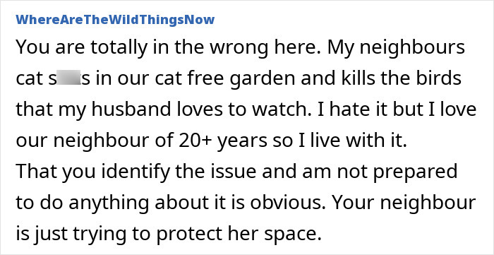 Screenshot of an online debate about a mad neighbor putting spikes on fence due to an outdoor cat trespassing. Screenshot of an online debate about a mad neighbor putting spikes on fence due to an outdoor cat trespassing.