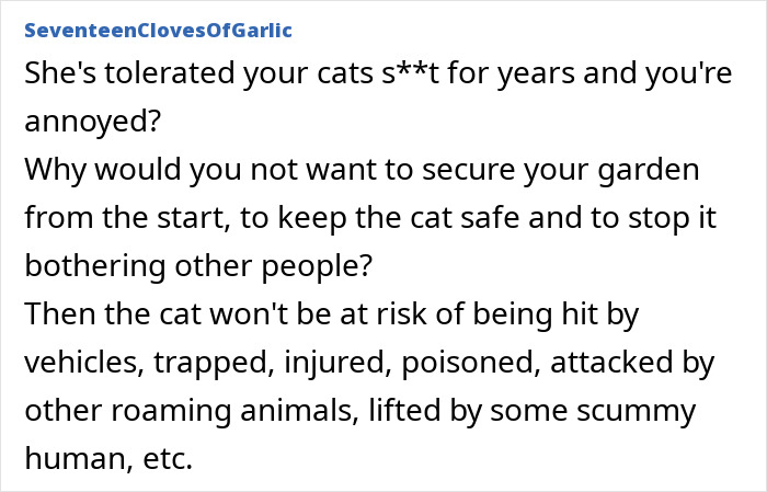 Comment discussing neighbors putting spikes on fence to control outdoor cat behavior and related community debate. Comment discussing neighbors putting spikes on fence to control outdoor cat behavior and related community debate.