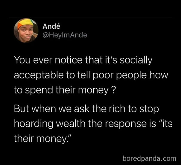 Tweet from Andé criticizing capitalism, highlighting social views on spending money and wealth hoarding inequality.