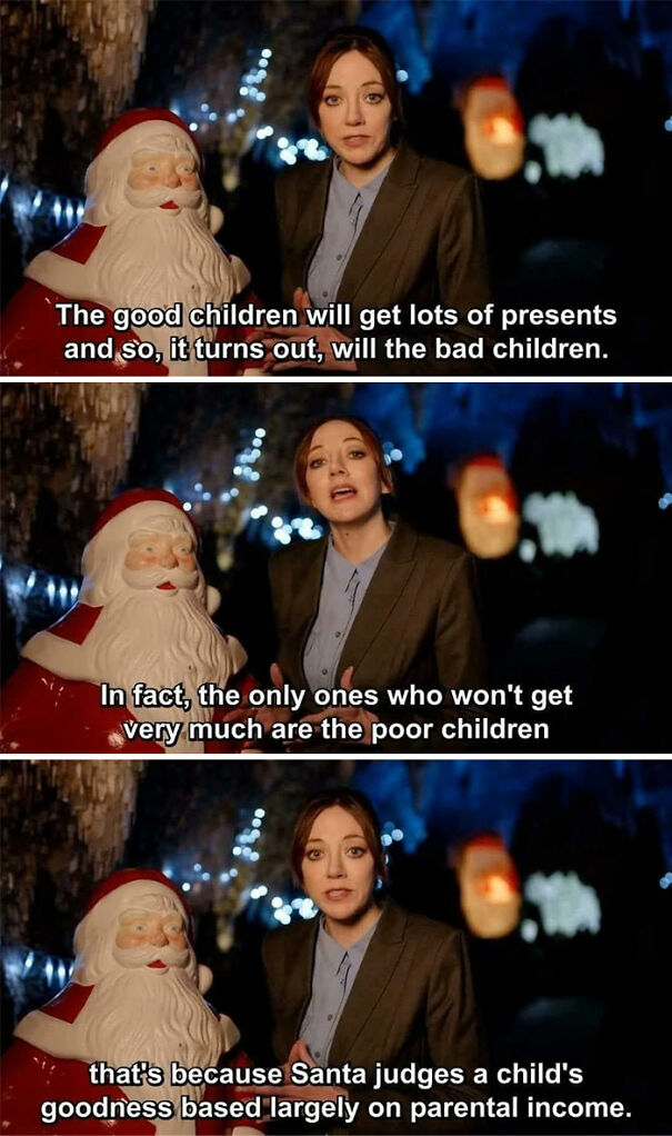 Woman beside Santa statue explaining how capitalism impacts children’s gifts based on parental income in a festive setting.